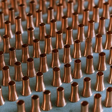 Rows of copper tubes with flared openings on a textured surface
