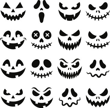  Halloween pumpkin face icon set featuring black vector silhouettes of scary jack o lantern expressions spooky monster grins and creepy ghost smiles