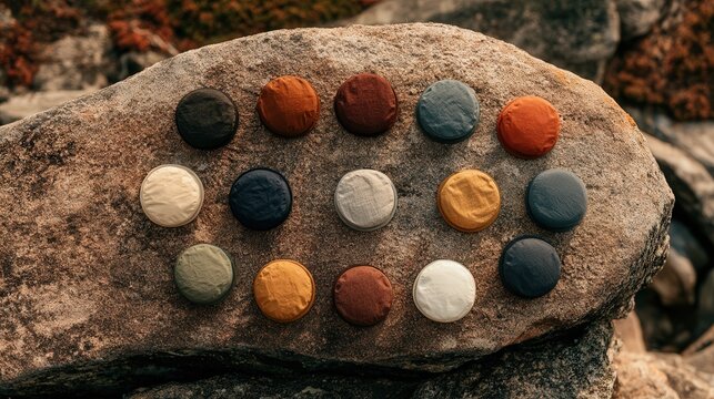 Collection of fabric swatches displayed on natural rock surface