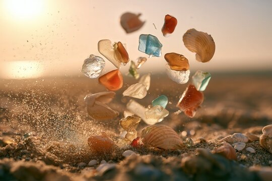 Sea glass and shells suspended in air on sandy beach at sunset