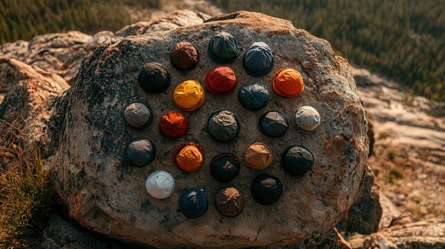 Collection of colorful fabric caps arranged on a natural stone