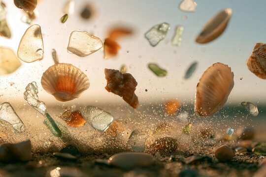 Sea shells and sea glass suspended in air with sand and sunlight