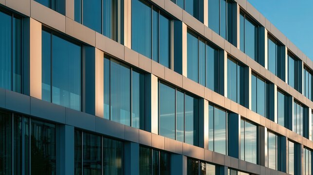 Modern building facade with blue glass windows and beige panels