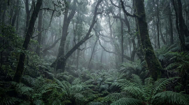 Ancient rainforest ferns and mossy trees shrouded in dense white fog.