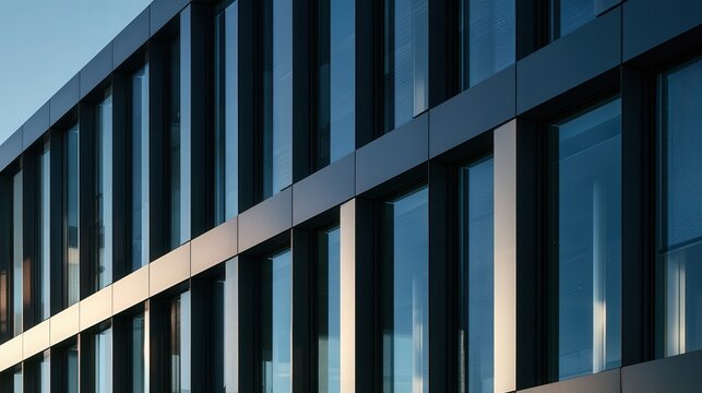 Modern architectural facade with geometric pattern of windows and dark panels