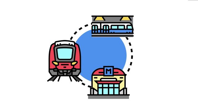 Urban public transport system featuring a modern train, a subway car, and a station entrance with an m symbol, swift city commuting and interconnected travel networks