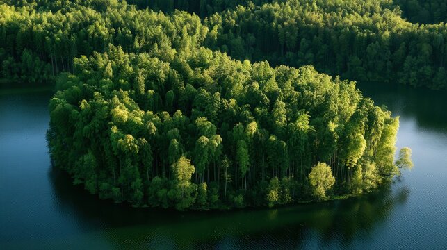 Lush green bamboo forest island surrounded by calm dark water