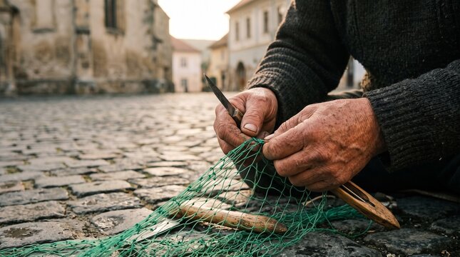 Pescador tradicional remendando redes de pesca al amanecer