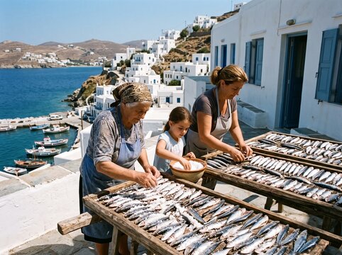 Familia secando y salando pescado en rejillas de madera junto al mar