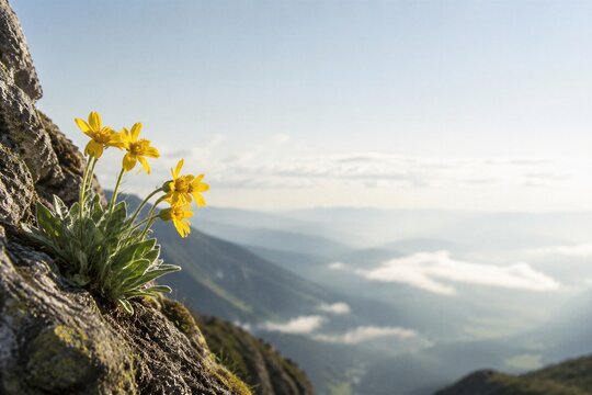 Bright yellow arnica flowers climbing rocks in mountain range view with mist below