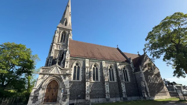 Low angle exterior view of St. Alban's Church in Copenhagen city, Denmark