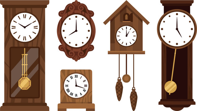 Vintage Antique Wooden Clock Vector Set with Grandfather Clock Cuckoo Clock Pendulum and Tabletop Clocks for Classic Retro Interior Graphic Designs