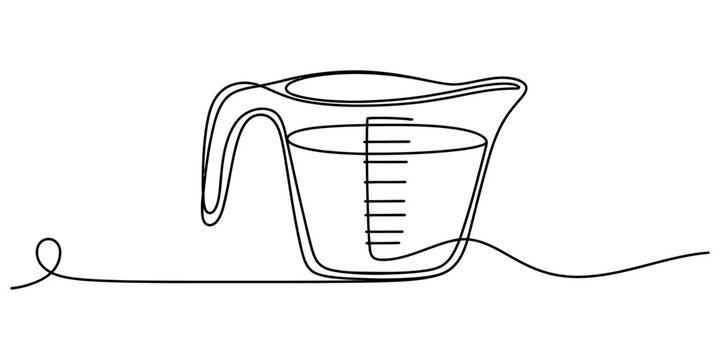Single line drawing of a measuring cup filled with liquid used in kitchen for cooking and baking.