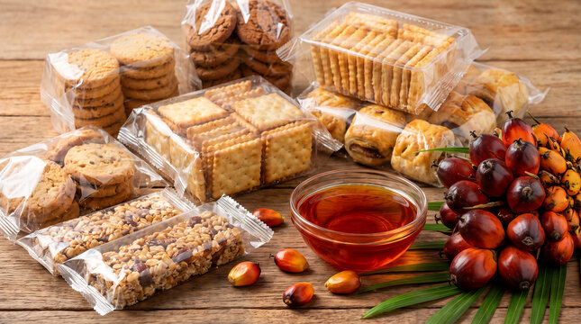 Packaged style processed foods including cookies, crackers, pastries, and snack bars arranged beside a small bowl of palm oil and fresh oil palm fruits, illustrating food ingredients,.