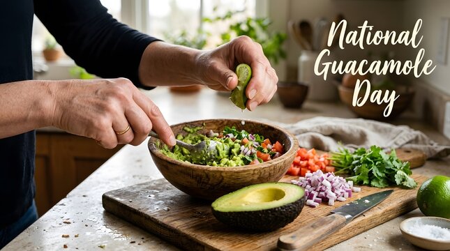 Person preparing fresh guacamole with lime juice in kitchen