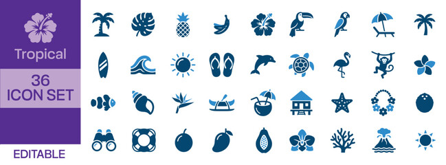 Fototapeta premium A comprehensive set of thirty eight blue tropical themed icons featuring summer vacation elements and exotic nature symbols