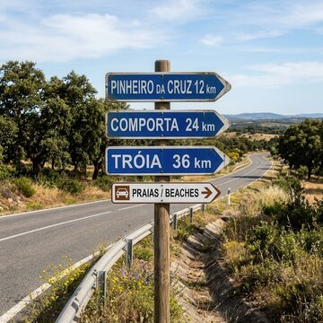 Directional Road Signpost Indicating Distances To Portuguese Coastal Towns And Beaches