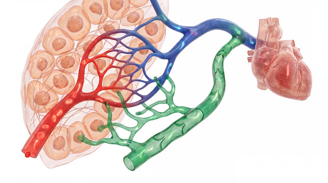 Circulatory system connecting heart to tissue cells in a 3D medical render with arteries, veins, and lymphatic vessels on a white background for educational biology diagrams