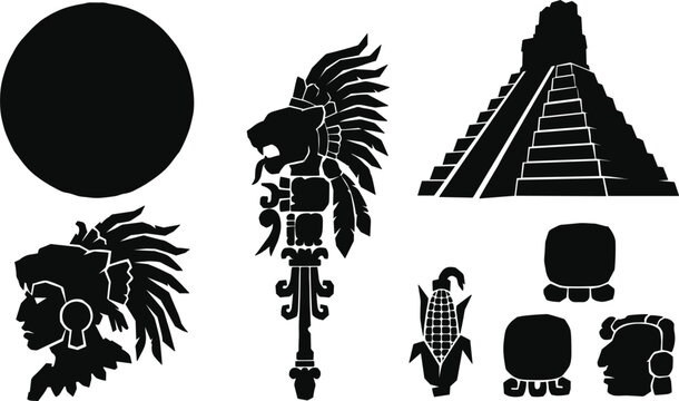 Maya Aztec Pyramid Deity Staff and Mesoamerican Symbols Silhouette Vector Set