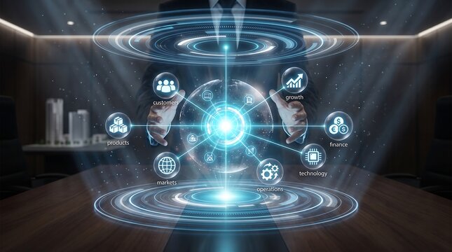 A mesmerizing futuristic holographic display showcases complex data visualization and advanced technological innovation in a darkened environment