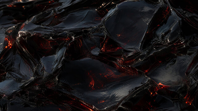 Molten volcanic lava texture, glowing obsidian rock shards. Dark igneous stone background with fiery orange embers.