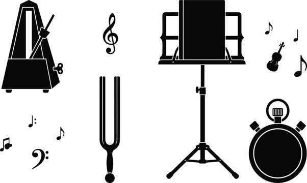 Metronome Tuning Fork Sheet Music Stand Stopwatch and Music Notes Silhouette Vector Set