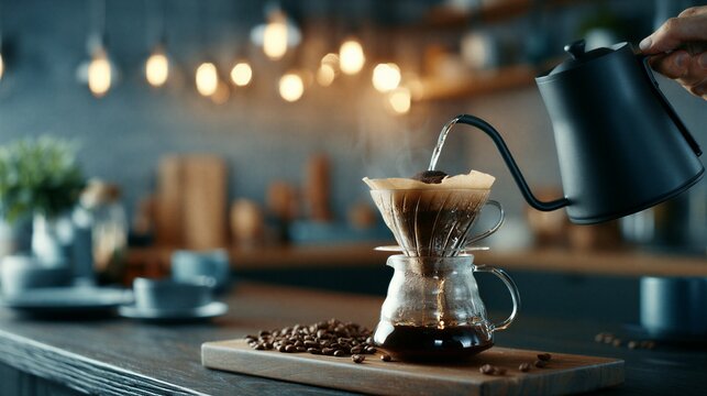Person pouring hot water for pour-over drip coffee craft