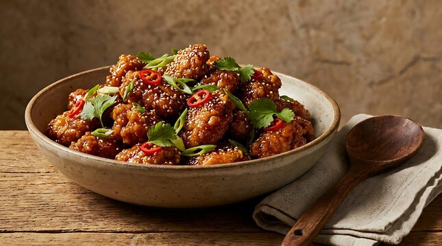 Delicious stir fried beef cubes with fresh chili and herbs in a ceramic bowl on a rustic wood table. general tso chicken