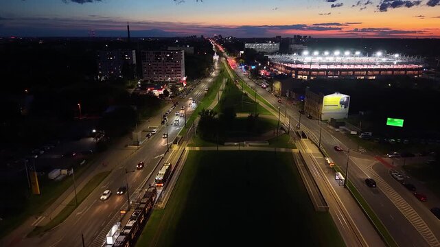 Aerial night view of Pilsudski Avenue (Aleja Pilsudskiego) in Lodz, Poland