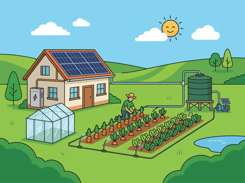 Vector illustration of a self-sufficient solar-powered homestead with energy storage battery, greenhouse, rainwater tank, and vegetable garden.