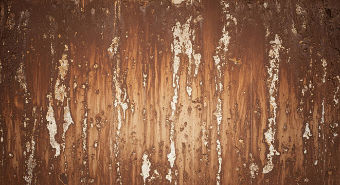 Weathered brown grunge texture background with peeling paint and rust. Abstract vertical dripping streaks on an old aged wall surface. Vintage industrial decay pattern for design.
