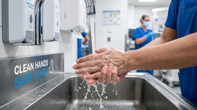 Medical professional washing hands in a sterile hospital sink with sanitization