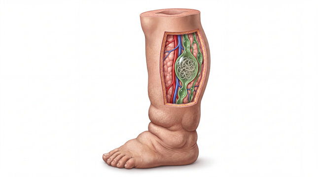 Lymphatic filariasis leg with parasitic worms in an anatomical cutaway illustration, showing severe lymphedema, swollen foot, and blocked vessels for medical education and pathology study