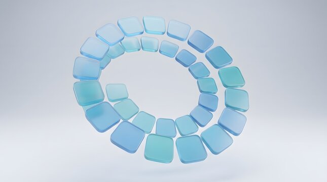 Abstract 3d render of a spiral arrangement of translucent blue glass square tiles