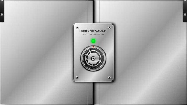 Digital data security animation showing a safe vault opening with glowing binary code encryption