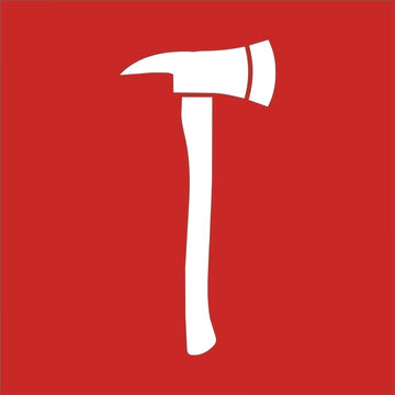 Firefighter axe icon on red background. White fire axe vector illustration. Emergency rescue tool symbol for safety signage. ,Clean grouped each Icon