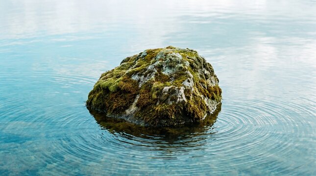 Textured mossy boulder sitting calmly in center of clear blue water creating soft circular ripples