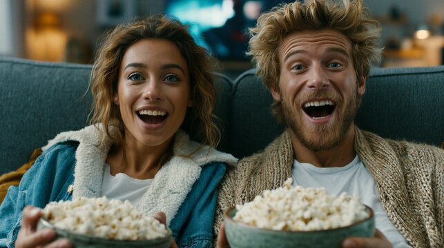 Young couple eating popcorn while watching a movie at home