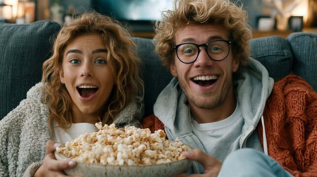 Young couple eating popcorn while watching a movie at home