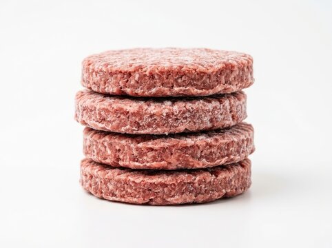 A stack of four raw frozen beef hamburger patties on white background