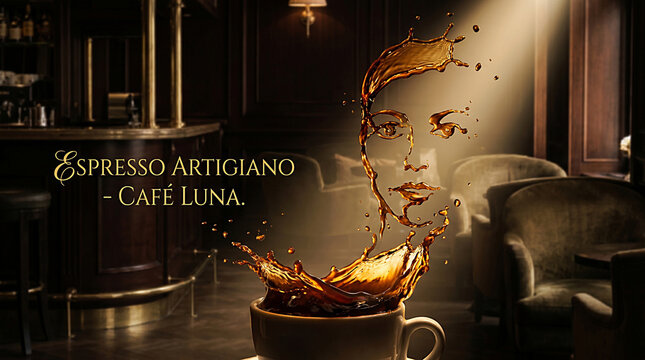 Creative Coffee Liquid Splash Forming Woman Face Silhouette in Vintage Cafe Background