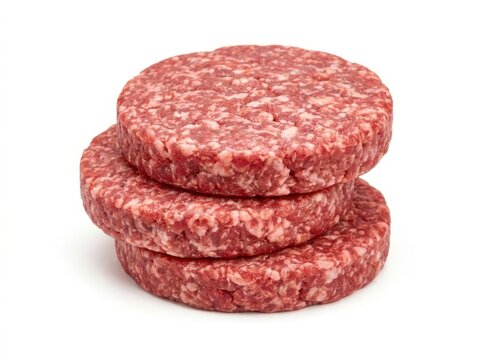 Stacked raw ground beef patties isolated on white background for burger cooking preparation visuals