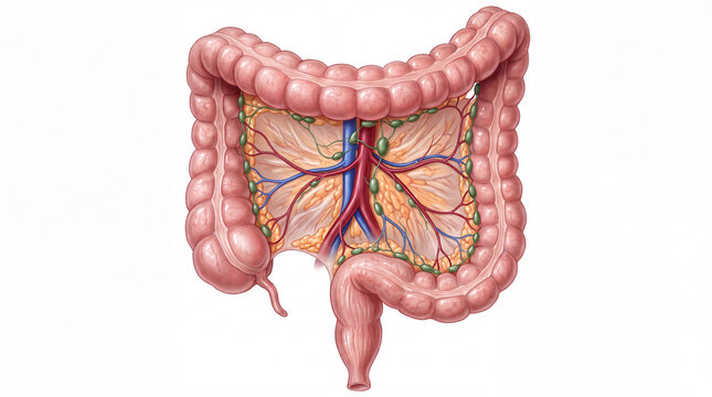 Colon anatomy and mesenteric blood supply diagram showing the large intestine, arteries, veins, and lymph nodes isolated on white for medical education, surgical textbooks, and healthcare