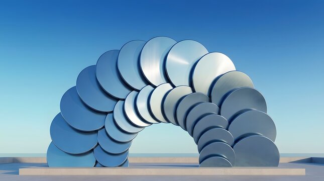 Modern sculpture made of metallic blue circular discs arranged in an arch formation, architectural art installation against a clear blue sky