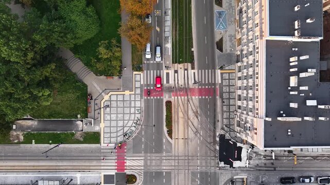 Top-down aerial view of urban street intersection in Lodz city, Poland