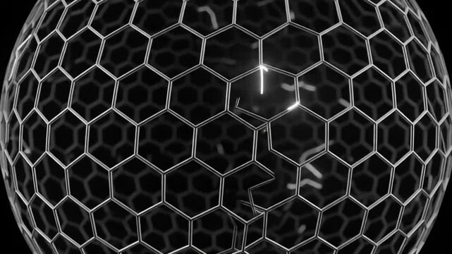 Abstract digital sphere with glowing electric lightning bolts and a metallic hexagonal grid pattern