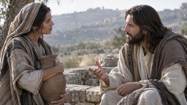 Jesus talking with Samaritan woman holding clay water jug at ancient stone well. Biblical scene of gospel conversation and compassion.