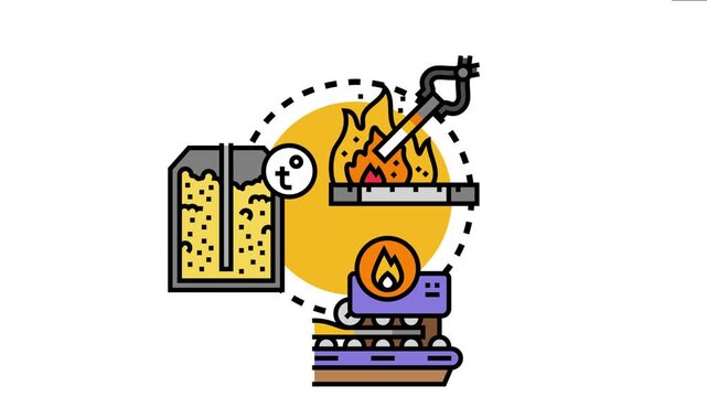 Metal foundry process icon various stages of industrial operations, including high temperature melting, forging, and hot metal cooling on a conveyor for manufacturing