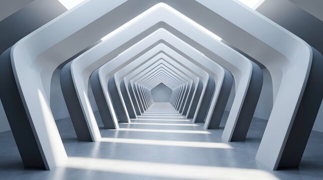 Futuristic interior hallway with a repeating pentagonal arch design and smooth white surfaces creating a symmetrical perspective tunnel