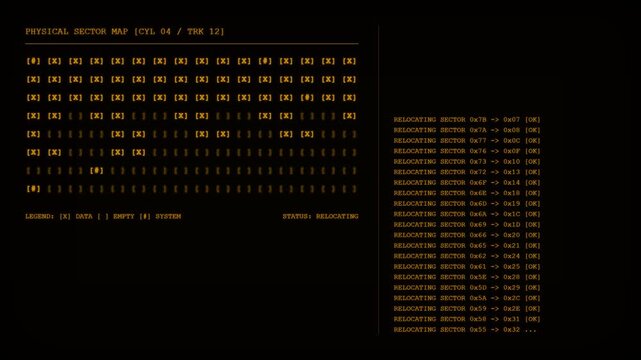 Digital data storage hard drive sector defragmentation process animation
